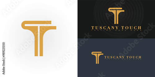 Modern vector initial letter T or TT logo in gold color isolated on multiple background colors. The logo is suitable for luxurious towel brand logo design inspiration templates.
