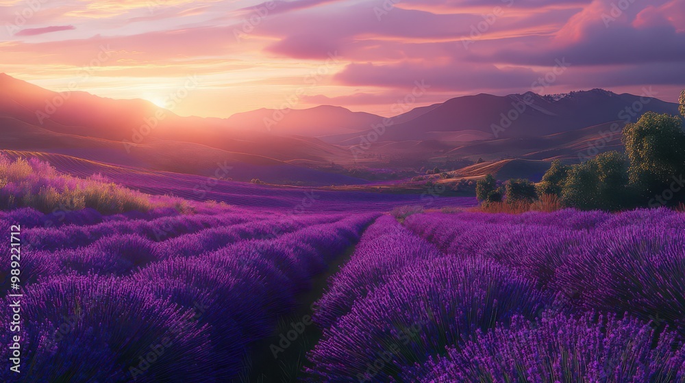 Serene Lavender Fields at Sunset Over Rolling Hills Serene Lavender Fields at Sunset Over Rolling Hills