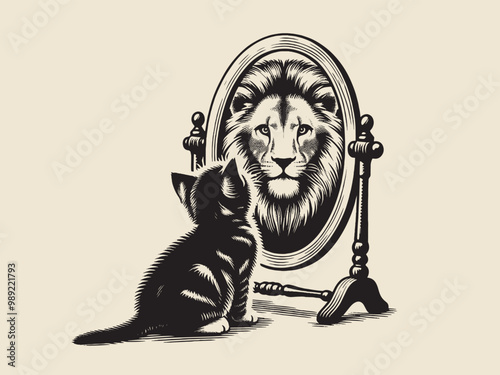 Kitten seeing a lion in mirror reflection. Vintage retro engraving illustration. Black icon, isolated element	