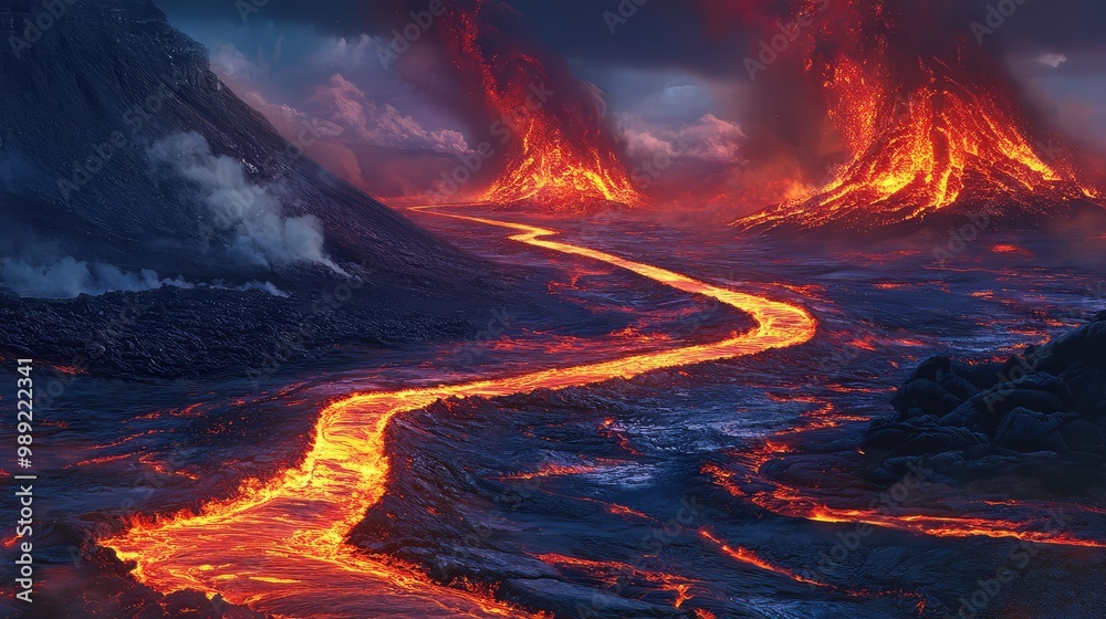 A stark, volcanic landscape with rivers of lava winding around a high-tech road that slices through the molten rock, illuminated by distant eruptions.