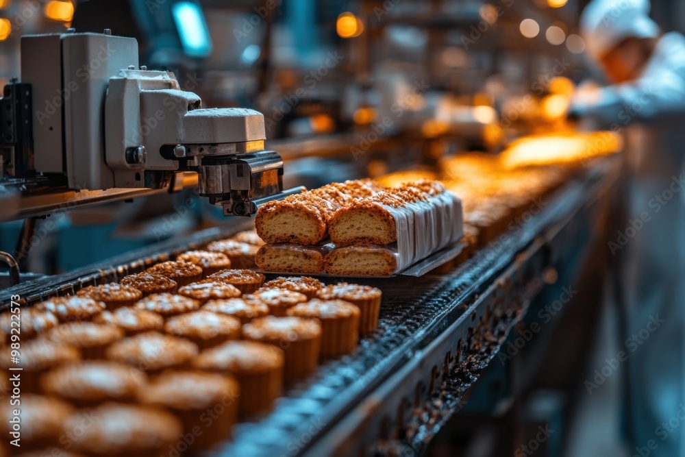 Fototapeta premium Automated Bakery Production Line with Cookies on Conveyor Belt