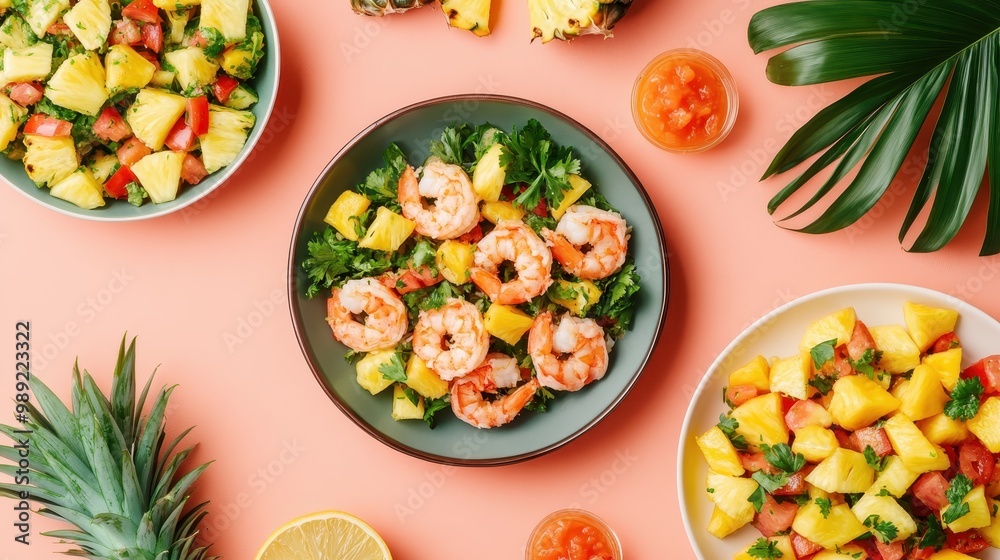 Fresh seafood and fruit salad arrangement on a colorful background. Fresh seafood and fruit salad arrangement on a colorful background.