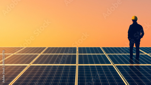 A worker stands on a field of solar panels at sunset. photo