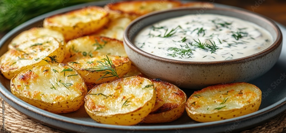 Close-up of crispy potato slices with dill and a creamy sauce. Close-up of crispy potato slices with dill and a creamy sauce.
