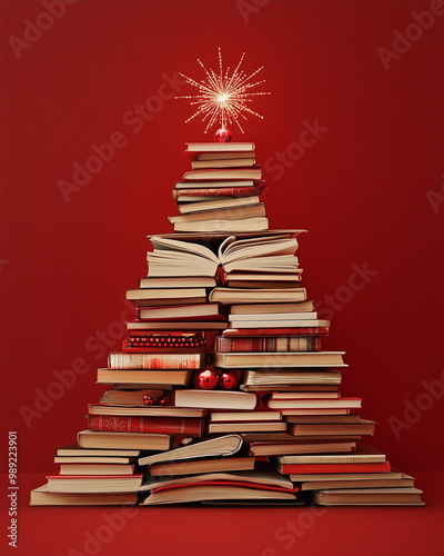 A stack of books in the shape of a Christmas tree decorated with a star on a red background. Alternative Christmas tree decoration concept.  Merry Christmas and Happy New Year. Stage for product sale 