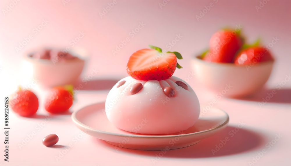 Japanese Mochi with Strawberry and Chocolate Topping on Pink Background Japanese Mochi with Strawberry and Chocolate Topping on Pink Background