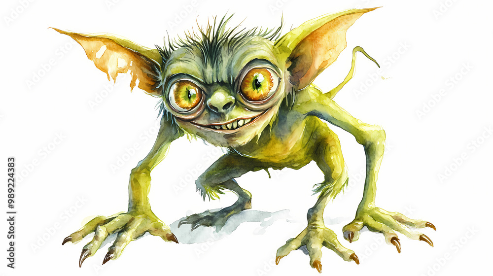 Fototapeta premium Playful goblin character clipart, halloween element, watercolor illustration, crisp lines, small and mischievous, isolated on white background. Goblin. Illustration