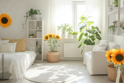 Bright and airy living room adorned with sunflowers and greenery, creating a cheerful and inviting atmosphere.