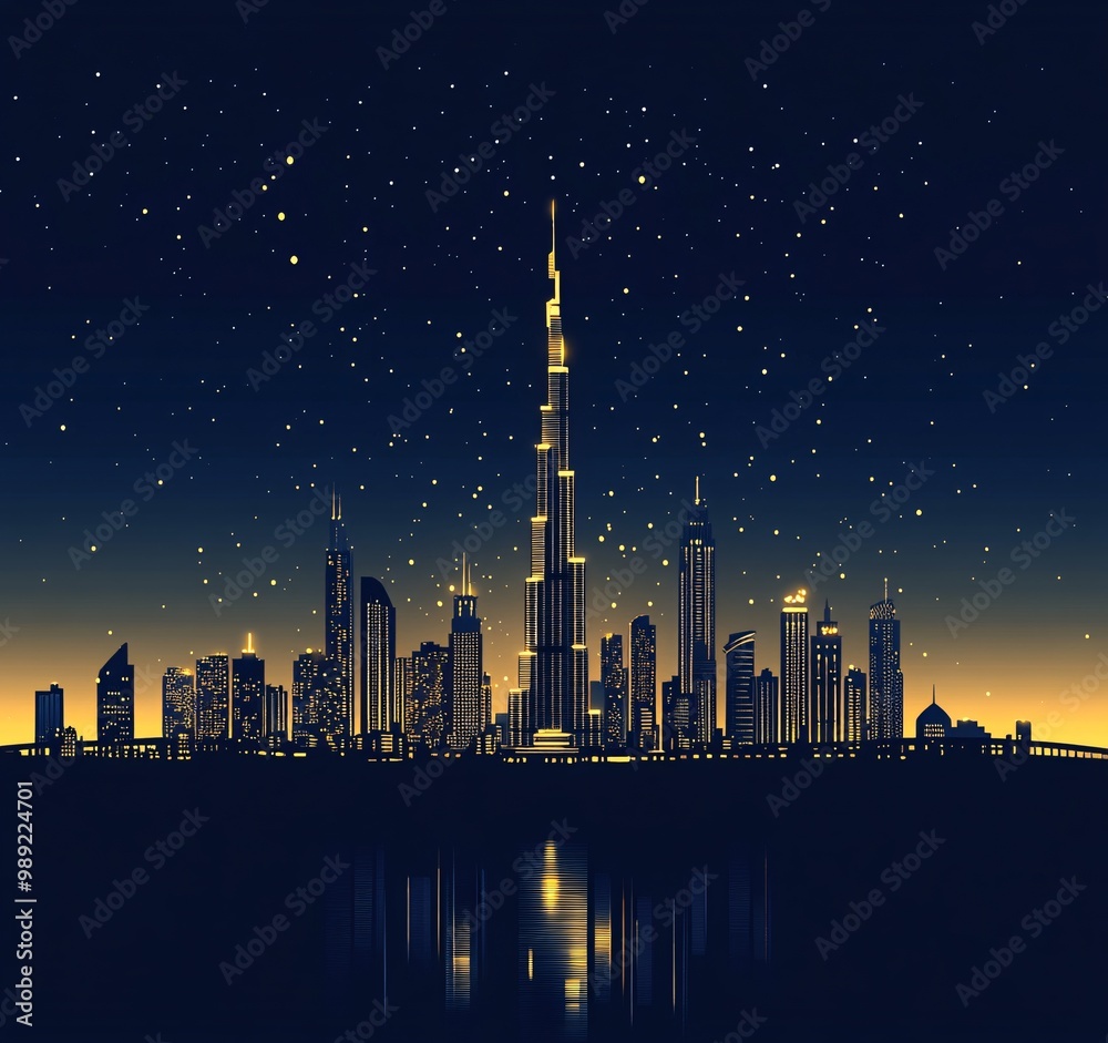 Obraz premium A stunning skyline at night showcasing tall buildings illuminated against a dark sky with reflections in still water