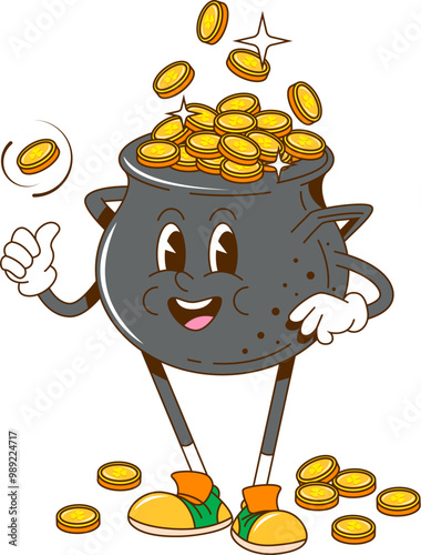Cartoon retro groovy golden pot character with coins. Isolated vector playful cauldron personage celebrating St. Patrick Day holiday, symbolizing wealth and treasure, luck, happiness and prosperity