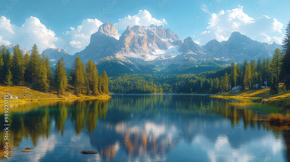 Fototapeta premium Aerial view of Lago Antorno, Dolomites, Lake mountain landscape with Alps peak , Misurina, Cortina 