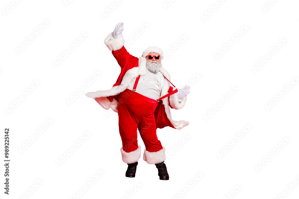 Full length size photo of carefree delightful rejoicing funky holly-jolly moving st nicholas father christmas big belly in suspenders traditional outfit fur trousers sunglass boots isolated background Full length size photo of carefree delightful rejoicing funky holly-jolly moving st nicholas father christmas big belly in suspenders traditional outfit fur trousers sunglass boots isolated background
