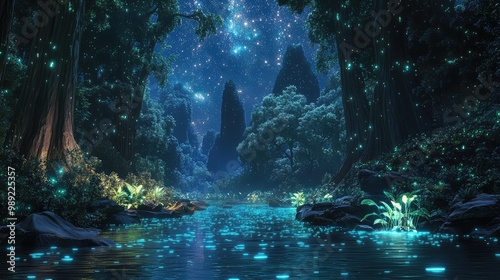 A tranquil alien river that flows through a dense, glowing forest, with bioluminescent plants lighting the water's path under a sky full of stars. photo