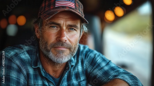 rugged middleaged trucker leaning on big rig american flag visible open highway stretches behind proud demeanor