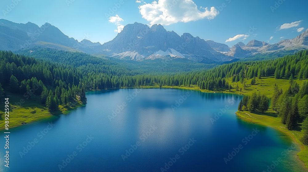 Aerial view of Lago Antoni, Dolomites, Lake mountain landscape with Alps peak , Missourian, Cortina Aerial view of Lago Antoni, Dolomites, Lake mountain landscape with Alps peak , Missourian, Cortina