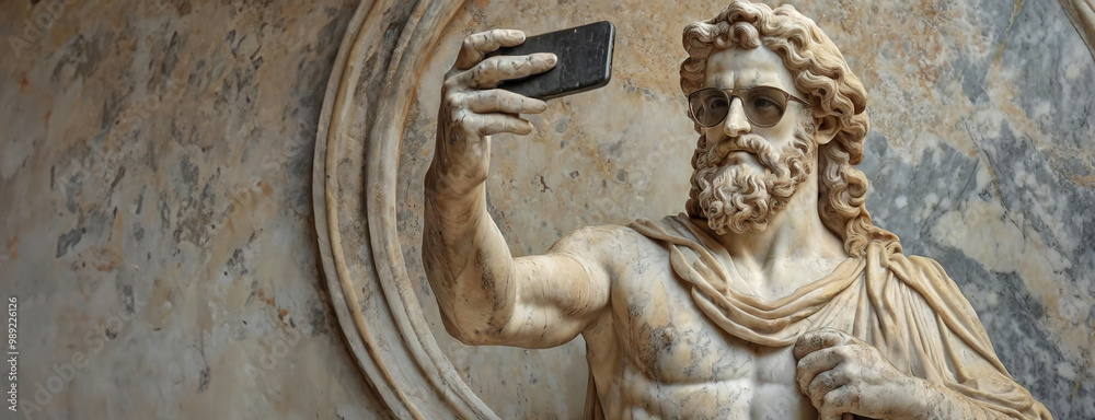 A statue of ancient figure taking a selfie with a smartphone, marble background A statue of ancient figure taking a selfie with a smartphone, marble background