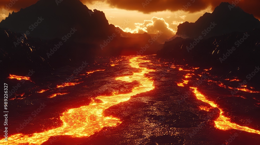 Naklejka premium A vast expanse of flowing lava with a shimmering road elevated above the surface, providing a stark contrast to the intense, fiery landscape below.