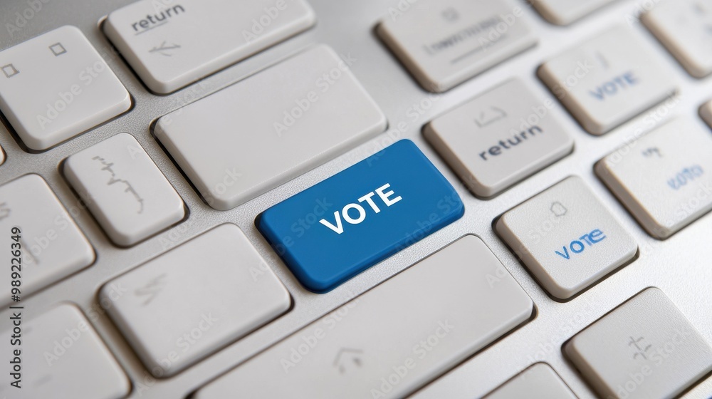 Close-up of a keyboard featuring a prominent blue vote key, symbolizing digital participation in elections and civic engagement. Close-up of a keyboard featuring a prominent blue vote key, symbolizing digital participation in elections and civic engagement.