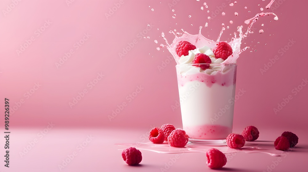 Raspberry Smoothie Splash with Whipped Cream on Pink Background Raspberry Smoothie Splash with Whipped Cream on Pink Background