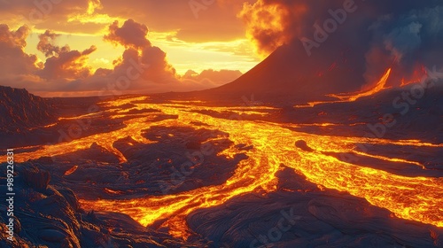 A vast expanse of flowing lava with a shimmering road elevated above the surface, providing a stark contrast to the intense, fiery landscape below.