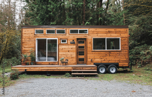 a tiny house on wheels, front view, set against a forest background. A stone path leads to the door, and a wooden deck with a seating area is visible