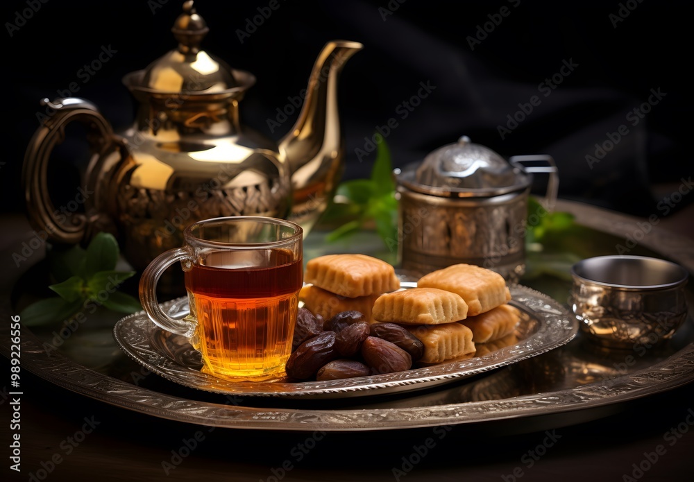 Fototapeta premium Arabic Tea & Dates on Silver Tray