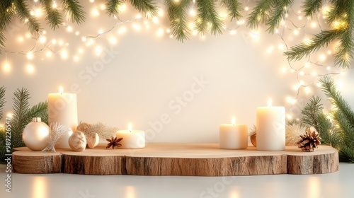 A charming rustic Christmas backdrop with wooden logs, softly lit candles, and festive pine garlands, creating a cozy and inviting holiday atmosphere.