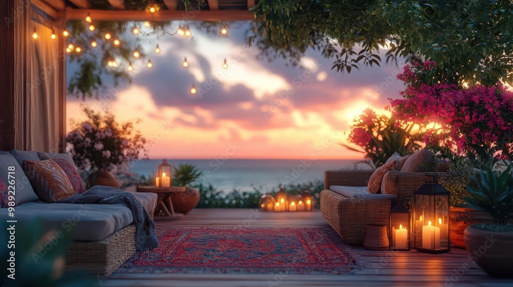 Fototapeta premium rustic outdoor lounge with wicker furniture lanterns and potted plants warm sunset glow cozy blankets and string lights create an inviting ambiance