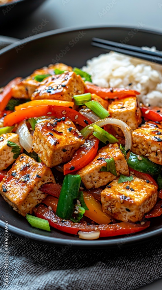 A colorful plate of Chinese stir-fried tofu with bell peppers, onions, and a savory garlic sauce, served with a side of steamed rice A colorful plate of Chinese stir-fried tofu with bell peppers, onions, and a savory garlic sauce, served with a side of steamed rice