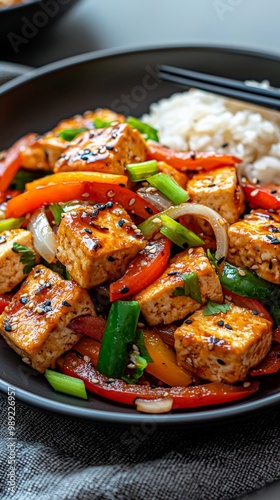 A colorful plate of Chinese stir-fried tofu with bell peppers, onions, and a savory garlic sauce, served with a side of steamed rice