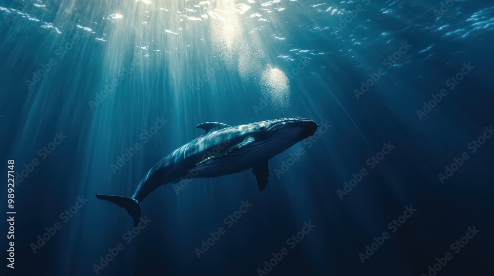 Majestic Whale Swimming in Deep Blue Ocean