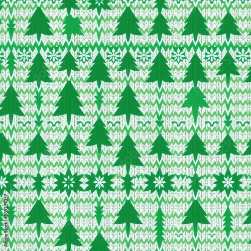 Green and White Knitted Christmas Tree Pattern Seamless Texture