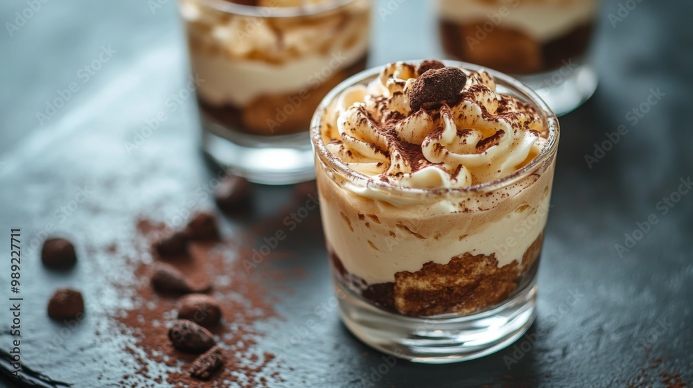 Tiramisu, served in glass. on slate surface. Italian tiramisu cake. studio lighting. 