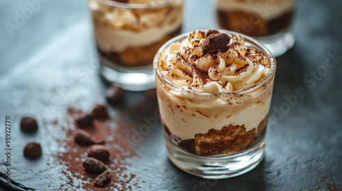 Tiramisu, served in glass. on slate surface. Italian tiramisu cake. studio lighting. 