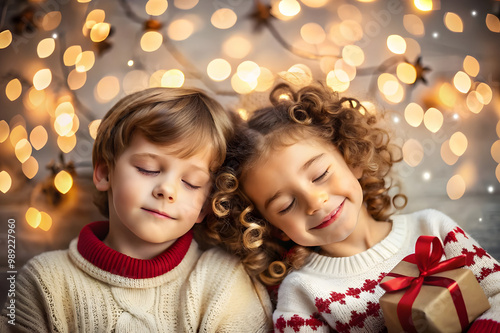 Photo portrait of siblings little boy and girl with closed eyes dreaming about gifts boy and girl smiling red wool sweater white sweater curly hair festive christmas background with blurred garland li