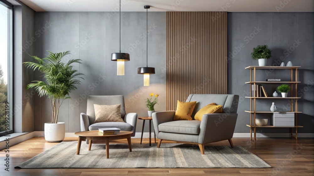 Fototapeta premium Modern living room featuring two armchairs, a coffee table, and a minimalist bookshelf