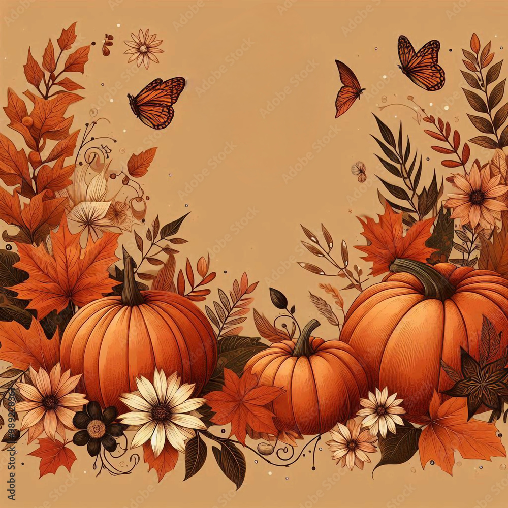 Naklejka premium Autumn leaves background with pumpkin