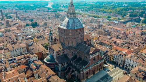 Aerial view of Pavia cathedral, Italy, Lombardy. Cattedrale di Santo Stefano e Santa Maria Assunta (Duomo di Pavia) Pavia by drone, travel and visit Italy.