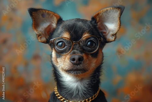 Small toy terrier with glasses and gold chains  a canine financier surrounded by banknotes