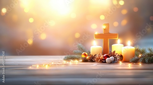 A religious Christmas background featuring a glowing cross, surrounded by soft candlelight and festive garlands, symbolizing the true meaning of the holiday.