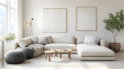 Bright and airy Scandinavian inspired modern living room with a comfortable oversized sectional in a neutral color scheme enhanced by pops of accent colors minimalist decor