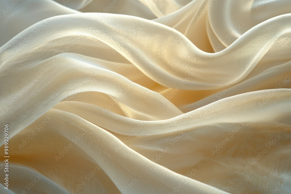 Close-up of Draped Light Beige Sheer Fabric with a Subtle Grid Pattern Close-up of Draped Light Beige Sheer Fabric with a Subtle Grid Pattern