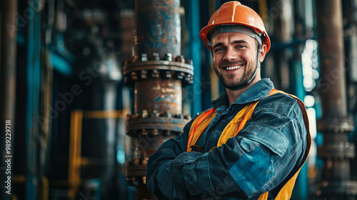 Smiling worker in industrial setting photo