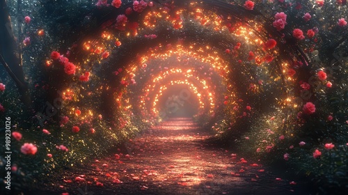 secret garden entrance flowercovered arches in vibrant colors magical glowing path leading to hidden wonderland fairytale atmosphere photo