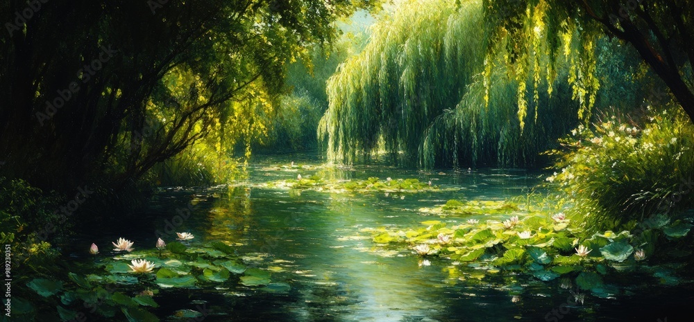 Tranquil pond with lilies and weeping willow trees in lush green forest. Tranquil pond with lilies and weeping willow trees in lush green forest.