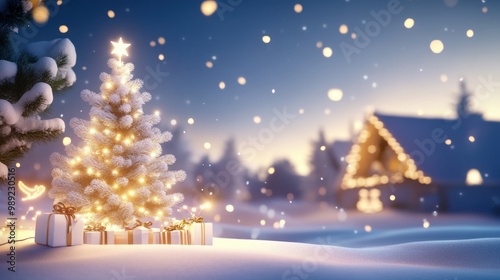A snowy Christmas tree in the foreground with gifts under it, twinkling lights, and snow gently falling in a peaceful winter night scene.