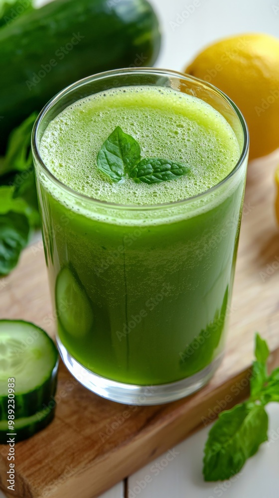 A close-up of a detox green juice made from spinach, celery, cucumber, and lemon. Set against a minimalist, white background A close-up of a detox green juice made from spinach, celery, cucumber, and lemon. Set against a minimalist, white background