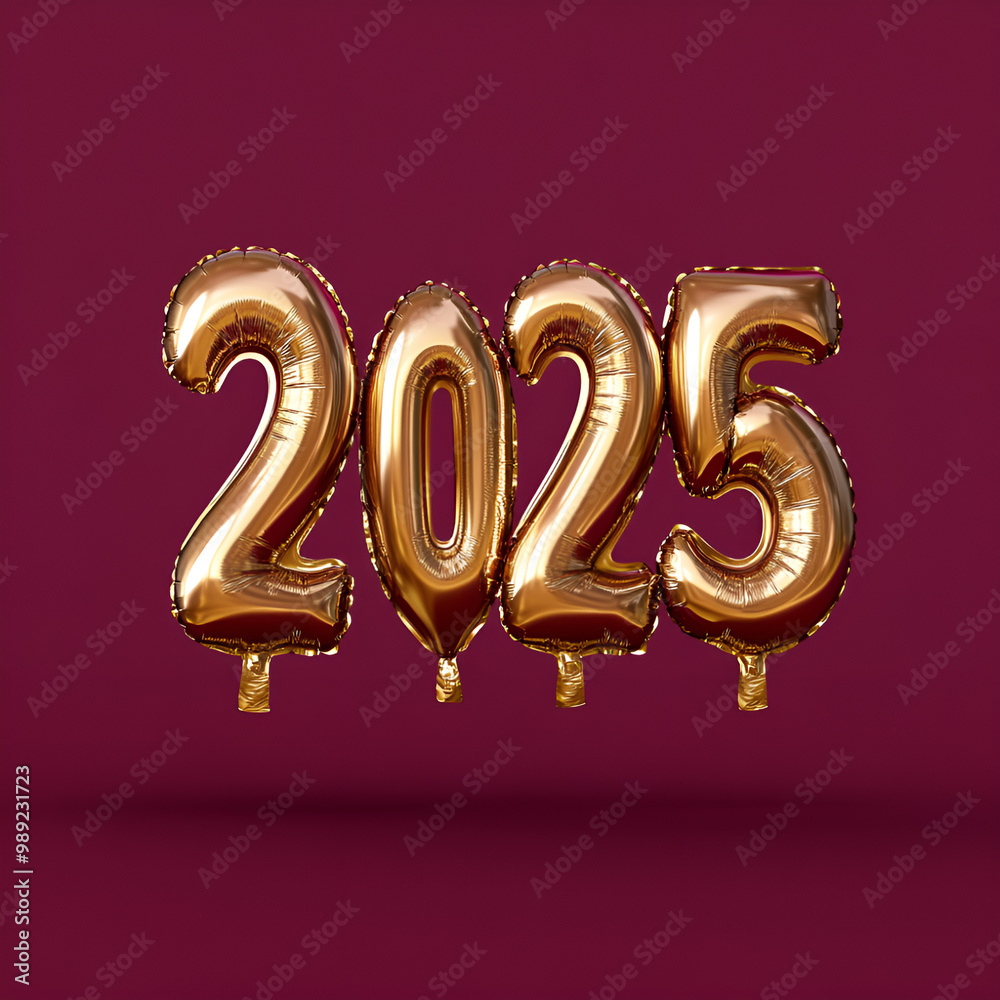 Golden balloons with the numbers 2025 on a burgundy background. Symbol of the year 2025. Gold foil balls Golden balloons with the numbers 2025 on a burgundy background. Symbol of the year 2025. Gold foil balls