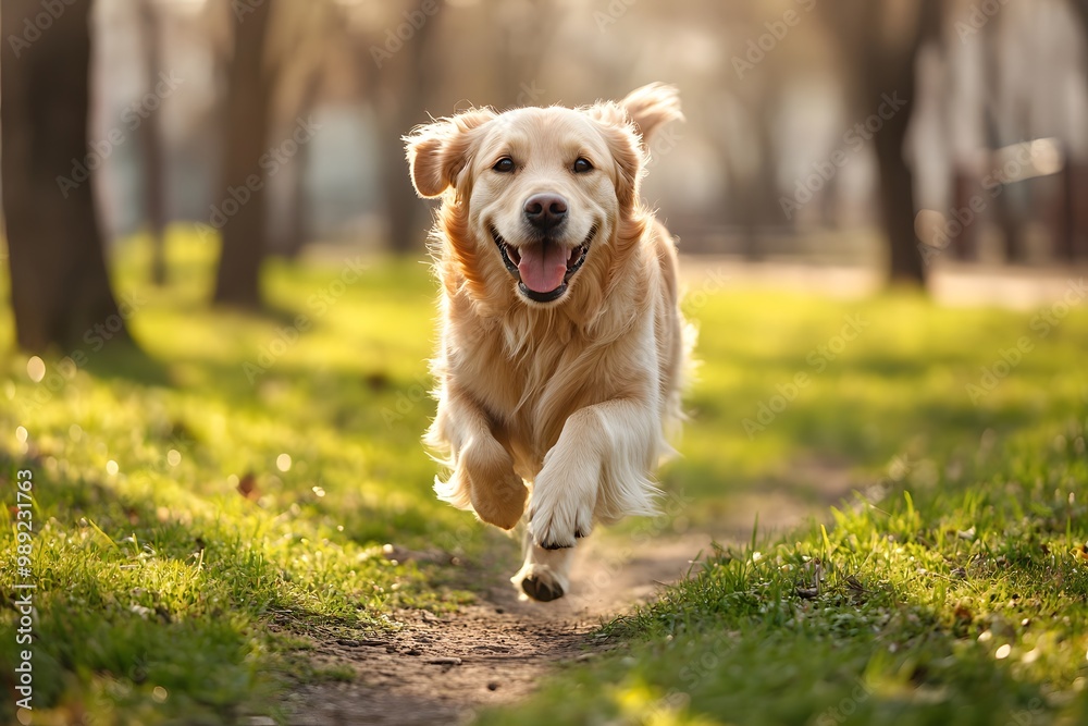 Happy Golden Retriever Running on Path in Park Happy Golden Retriever Running on Path in Park