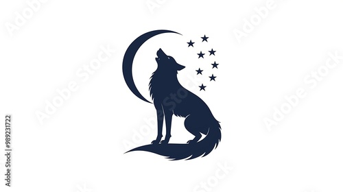 Majestic Wolf Howling at Moon Logo Design on White Background - Vector Illustration of Starry Night Sky Theme photo